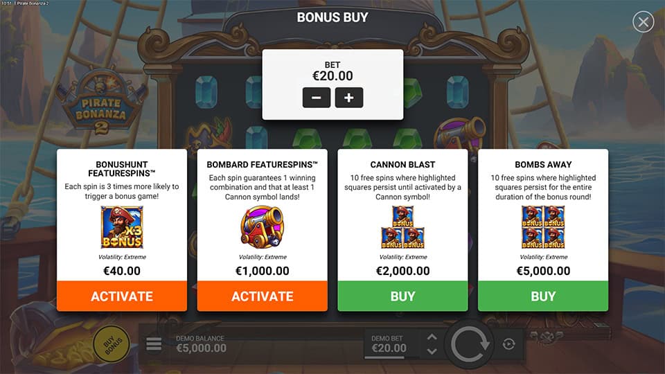 Bonus Buy menu offering spins with increased bonus chances, cannon hits and persistent highlighted zones.