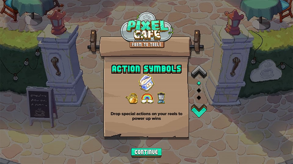 Homepage of Pixel Cafe slot introducing game features and bonus mechanics.