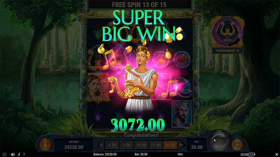 Rise of Orpheus slot showing Super Big Win of 3,072.00 with Orpheus playing a lyre and glowing notes.