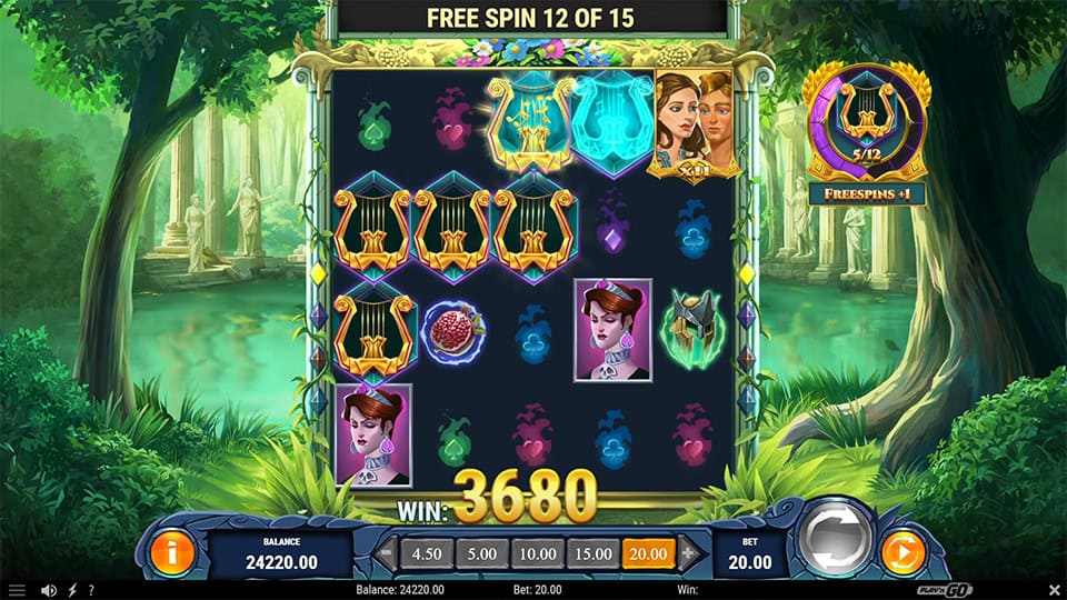 Rise of Orpheus wild feature showing Orpheus and Eurydice together with extra win and free spins.
