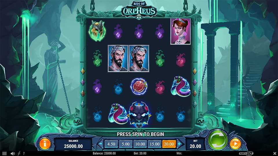 Rise of Orpheus slot grid with Orpheus, Eurydice, snakes and glowing symbols inside a dark cave.
