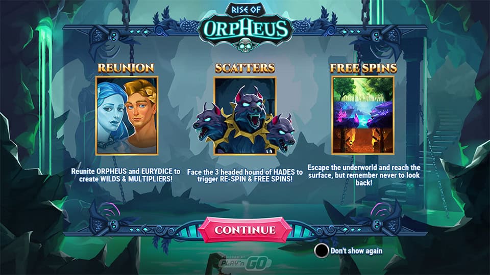 Rise of Orpheus homepage with info on Reunion, Scatters and Free Spins features.