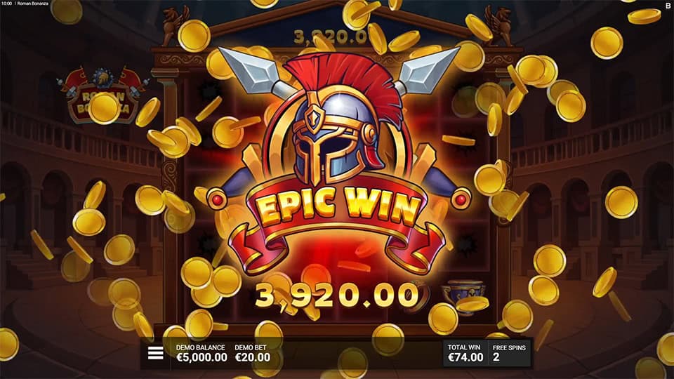 Roman Bonanza slot showing “EPIC WIN” text with golden coins and a gladiator helmet, displaying a win of €3,920.
