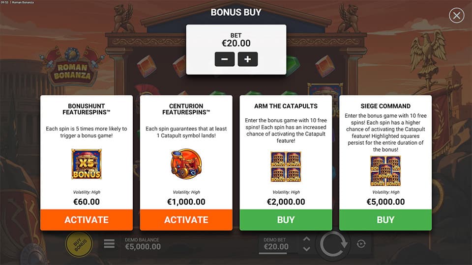 Bonus buy menu in Roman Bonanza with options like Siege Command and Centurion FeatureSpins, displaying prices and volatility.