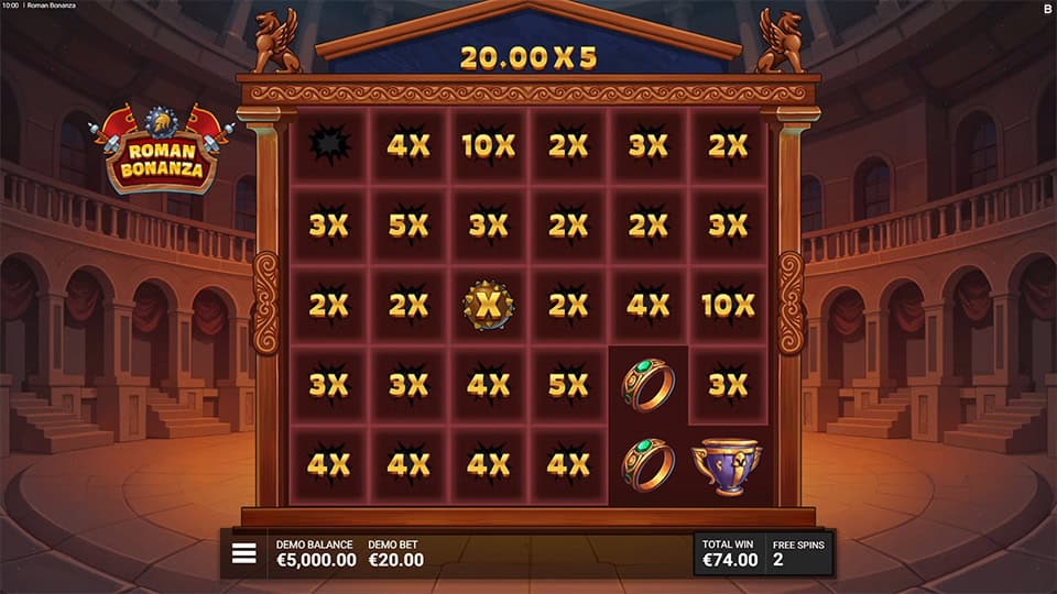 Bomb symbols in Roman Bonanza bonus game highlighting grid squares with multipliers like 5x and 10x for boosted tumble wins.