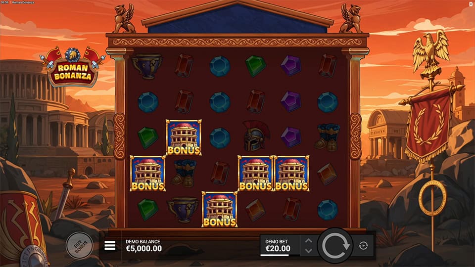 Base game screen of Roman Bonanza showing five Coliseum bonus symbols landing at once to activate the Siege Command feature.