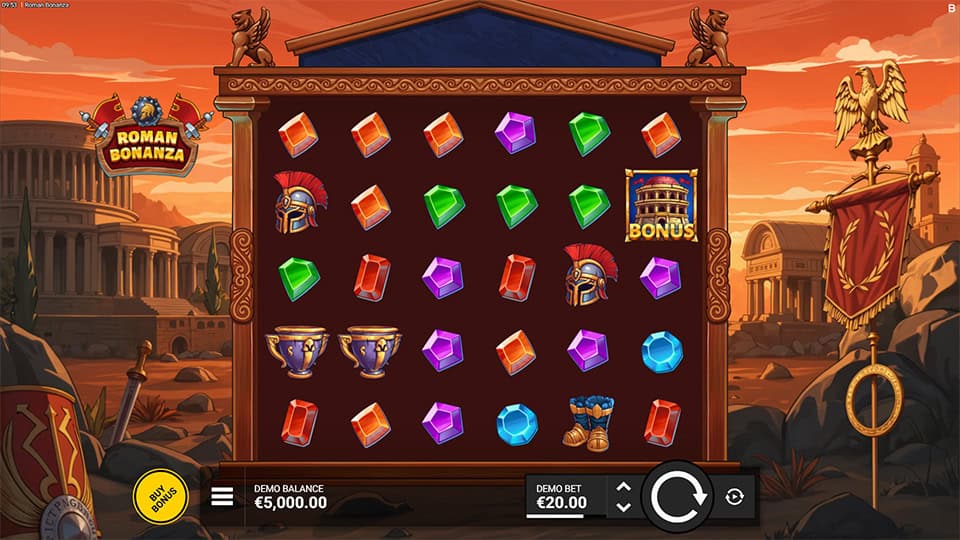 Base game screen of Roman Bonanza slot with scattered gemstones and Roman-themed symbols on a 6x5 grid set in ancient Rome.