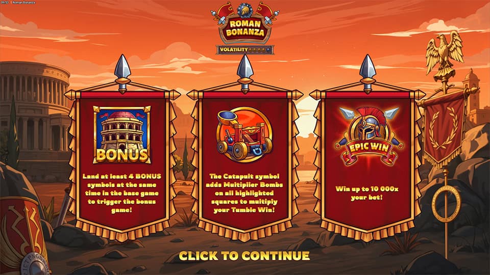 Roman Bonanza introduction screen with bonus triggers, catapult multiplier bombs and up to 10,000x win potential.