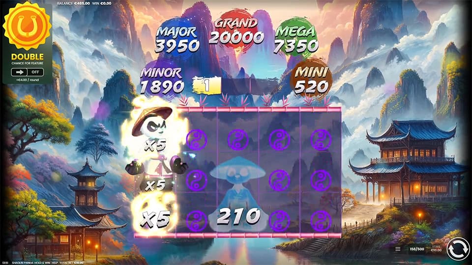Bonus round showing panda character applying 5x multipliers across reels during Hold & Win feature.