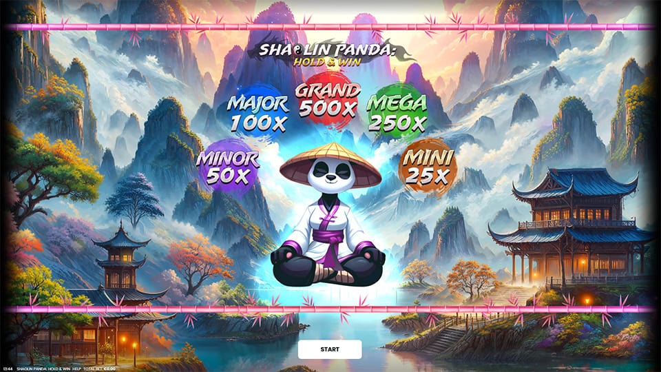 Shaolin Panda Hold & Win homepage screen introducing Major, Minor, Mega and Grand jackpots with a peaceful temple setting.