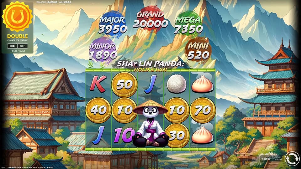 Gameplay showing golden coin symbols on the reels, including a Shaolin Panda symbol that activates the Hold & Win bonus.