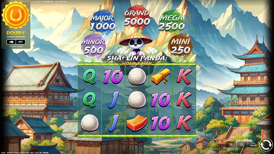 Base game screen of Shaolin Panda slot showing colorful reels with dumplings, rice balls and card symbols against a temple backdrop.