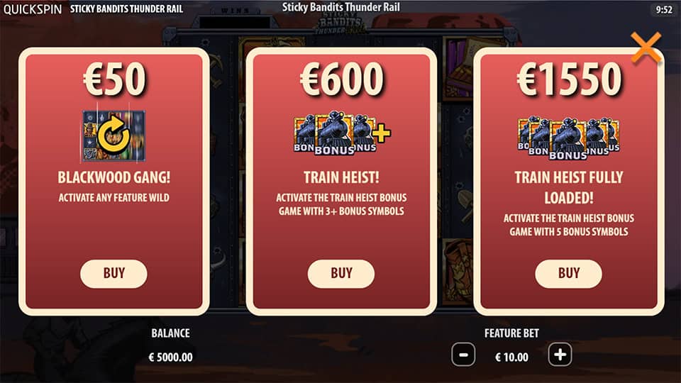 Sticky Bandits Thunder Rail bonus buy menu with three options including Blackwood Gang, Train Heist and Fully Loaded Train Heist up to €1,550.