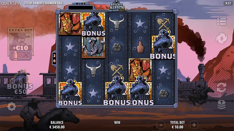 Sticky Bandits Thunder Rail gameplay with 5 train Bonus symbols triggering the Train Heist bonus round.