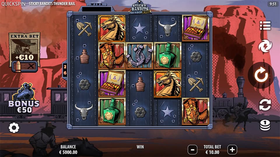 Sticky Bandits Thunder Rail base game preview showing cowboy symbols, whiskey bottles and horseshoes.
