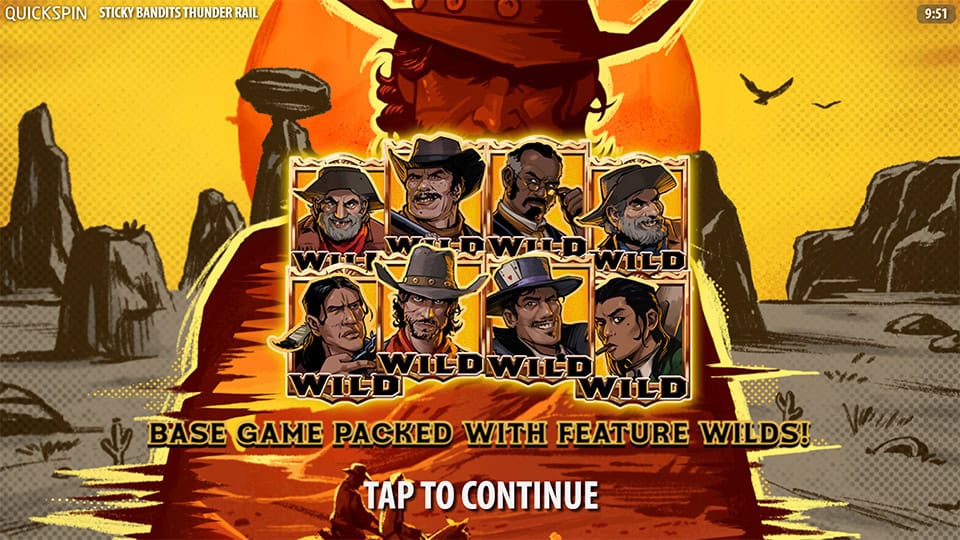 Feature introduction screen showing all character Wilds available in the base game of Sticky Bandits Thunder Rail.