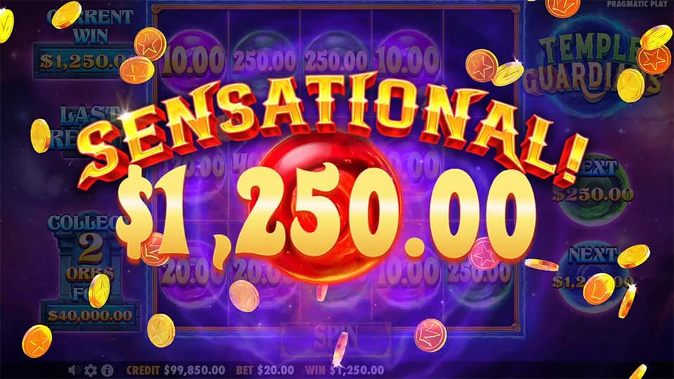 Temple Guardians slot showing Sensational Win of $1,250.00 with coin burst and red orb.