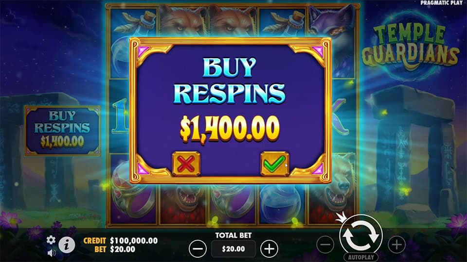 Temple Guardians slot buy feature showing $1,400.00 respins popup over reel set.