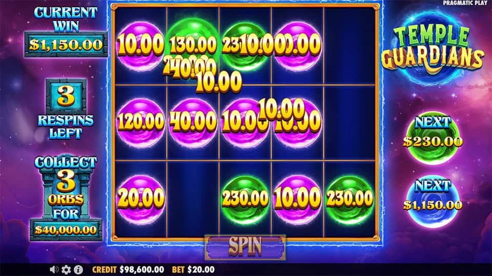 Temple Guardians slot featuring green orbs with cash values and respin counter.