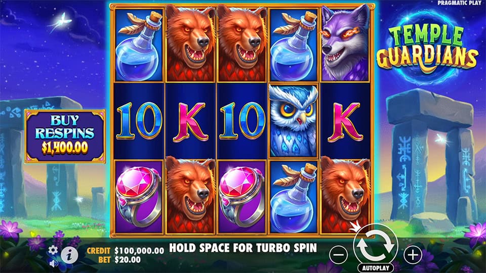 Temple Guardians slot grid with wolves, owls, potion bottles and stone ruins in the background.