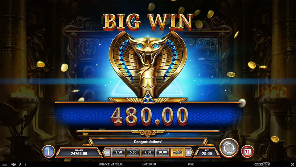 Tomb of Gold 2 slot showing Big Win of 480.00 with golden cobra and coin shower.