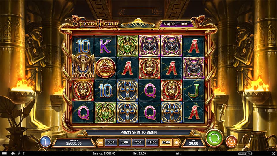 Tomb of Gold 2 slot grid with ancient masks, scarabs, wilds and gold symbols in a temple setting.