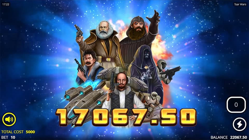 Victory screen with all main Tsar characters and a spaceship in front of a galactic burst.