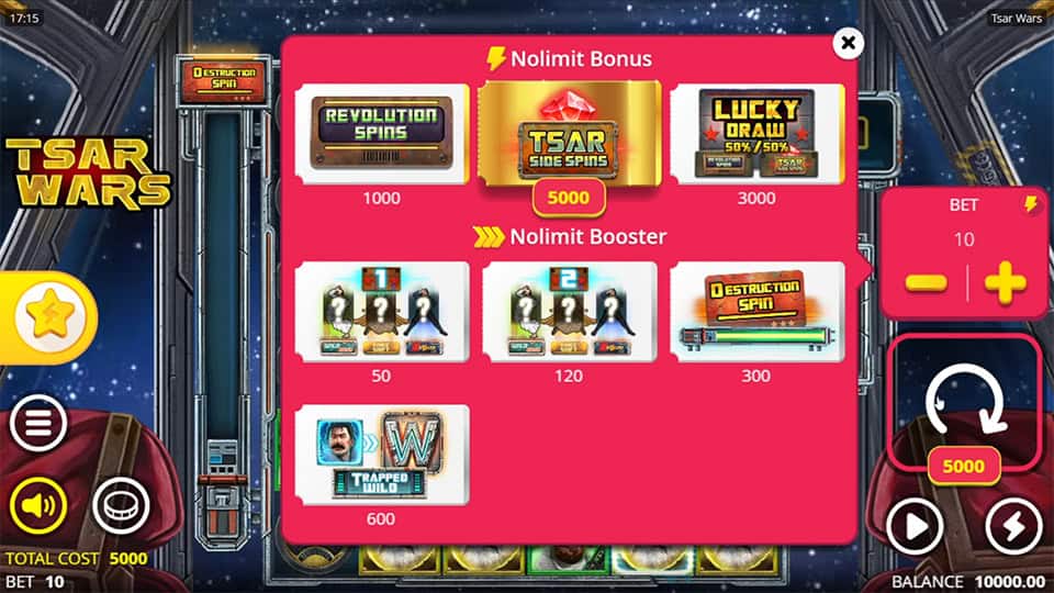 Bonus buy menu showing Tsar Side Spins, Lucky Draw, Revolution Spins and extra booster features.