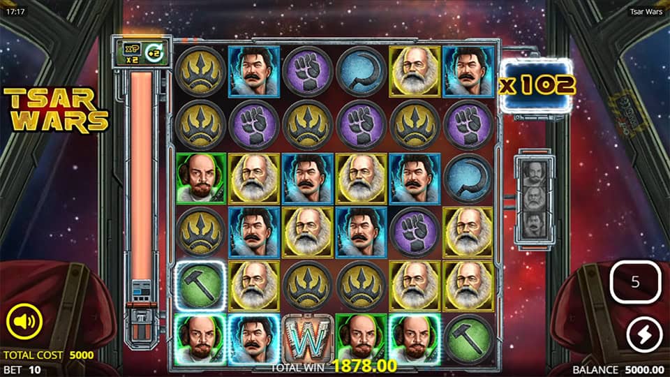 Slot screen with red meter maxed out and x102 multiplier active during free spins.