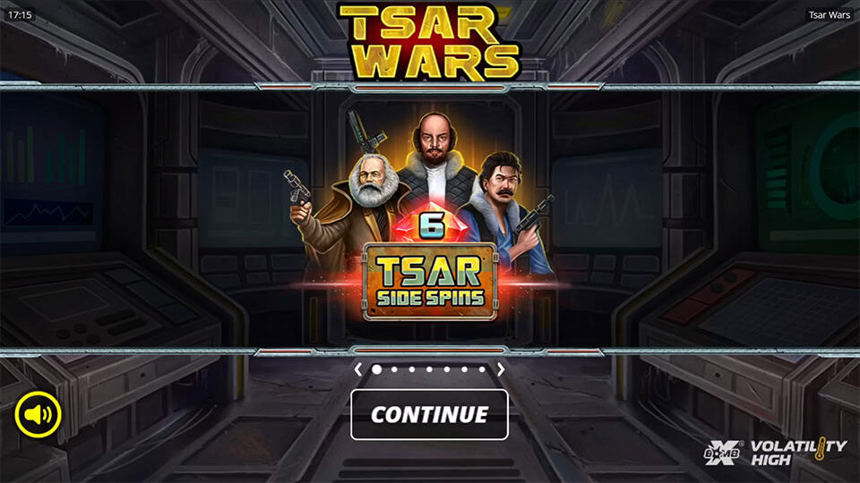 Introduction screen showing the three main characters and announcement of 6 Tsar Side Spins.