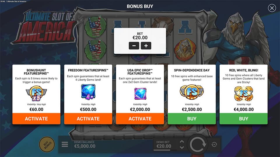 Bonus buy menu with feature options like Freedom Featurespins and USA Epic Drop.