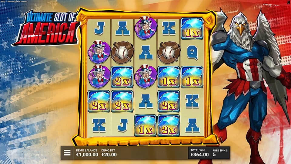 Reel close-up with Liberty Gems showing 1x, 2x multipliers during spins.