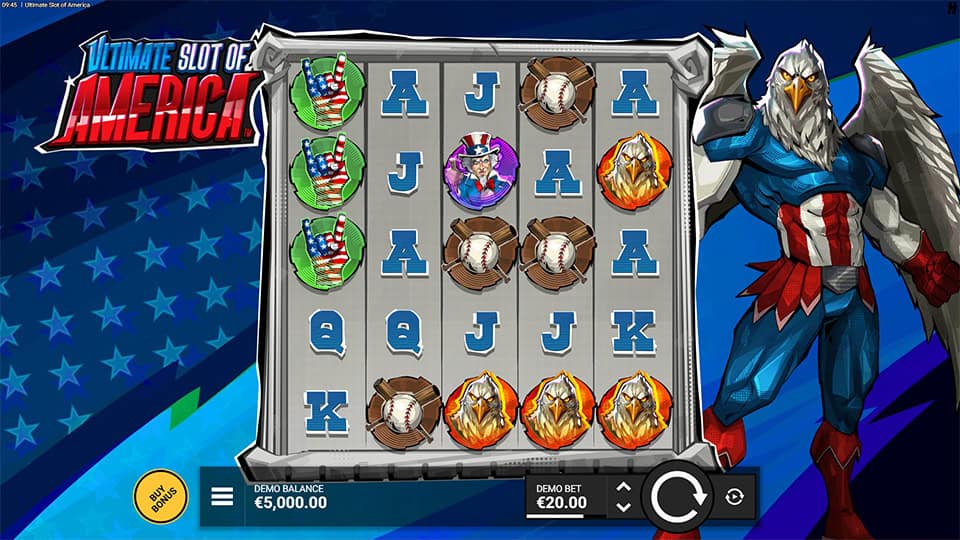 Base game screen showing reels with eagles, baseballs and liberty-themed symbols.