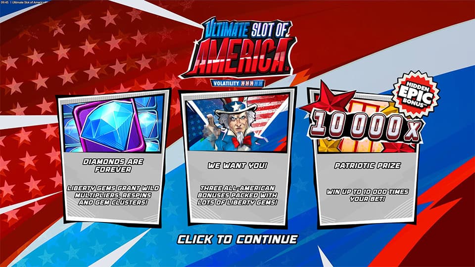 Intro screen highlighting diamonds, Uncle Sam bonus and 10,000x max win.