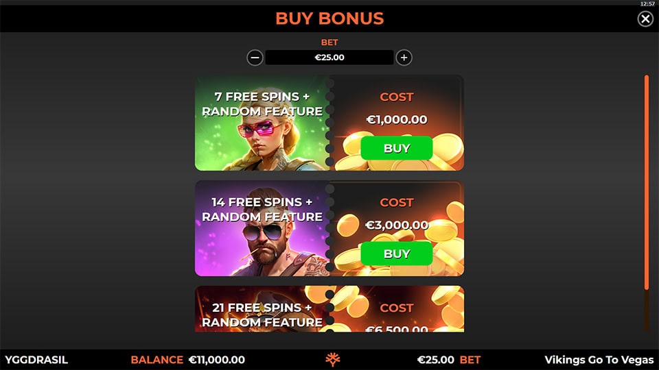 Buy Bonus menu with 7, 14 or 21 free spins including random features.
