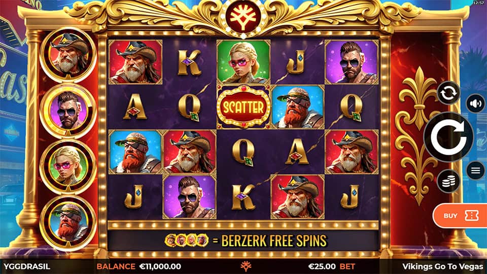 Reels filled with viking characters, wilds and scatter symbols, set against a glitzy Vegas backdrop.
