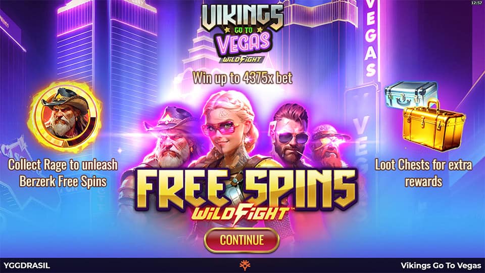 Intro screen highlighting Free Spins and Berzerk Rage features, plus max win up to 4375x.