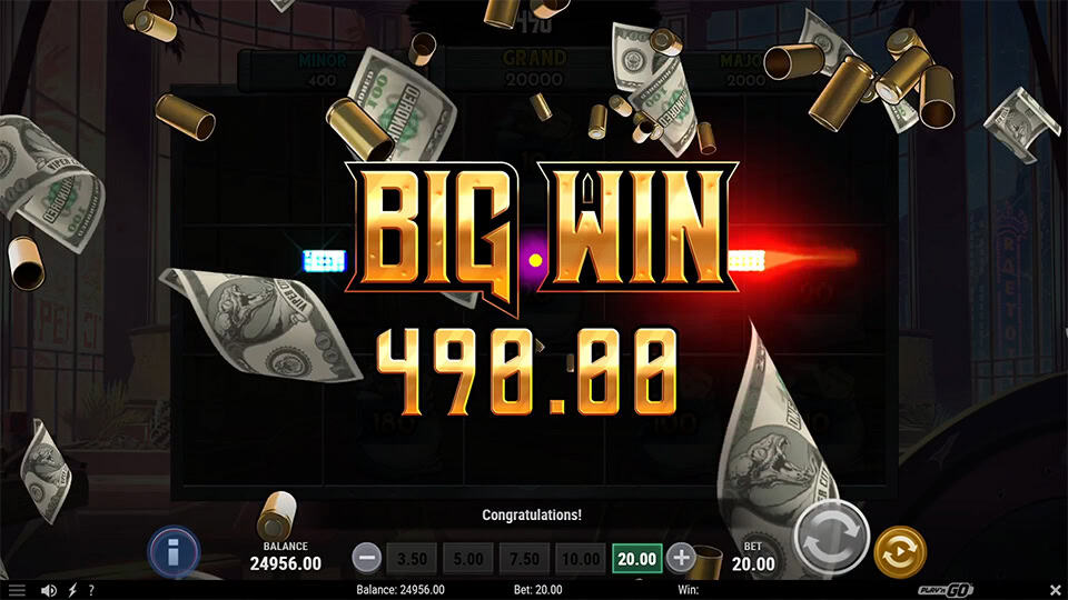 Big Win screen showing 490.00 payout with flying cash and bullet shells.