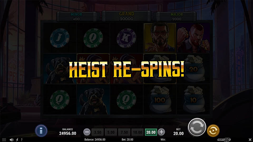 Heist Re-Spins screen with locked reels, character symbols and cash prizes.
