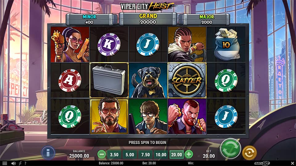 Base game screen showing reels with characters, chips, scatter symbols and high-value icons.