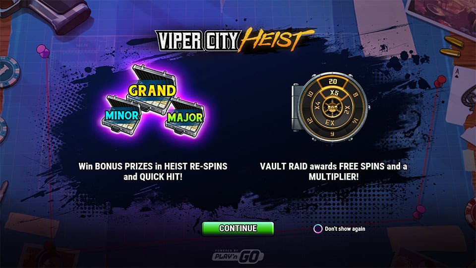 Intro screen highlighting bonus prizes, free spins and multiplier features.
