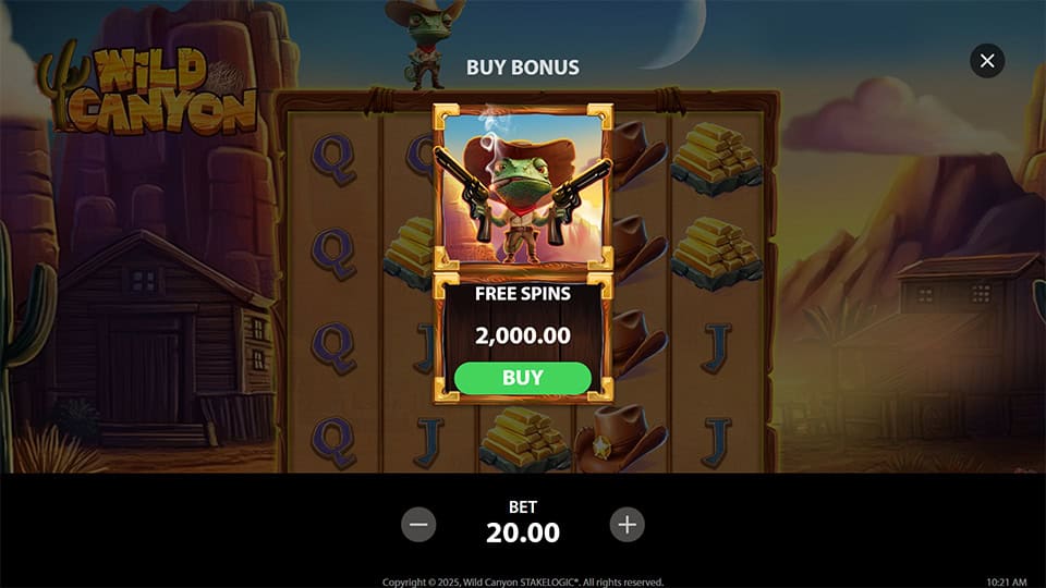 Wild Canyon bonus buy menu offering direct access to free spins for 100x the bet.