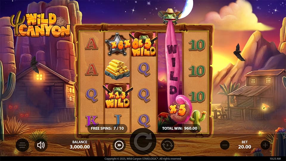 Free spins feature in Wild Canyon showing stacked wilds with x5 multiplier and winning combinations across the grid.