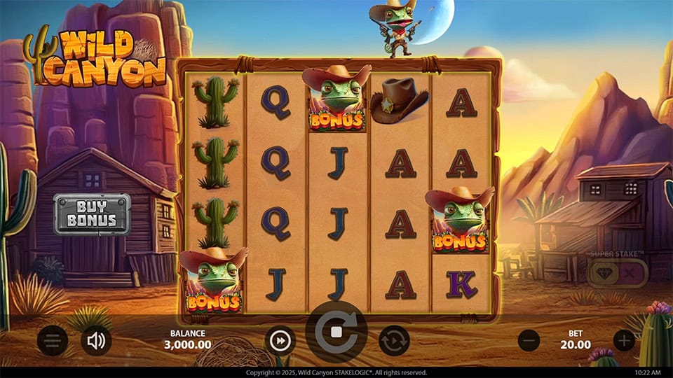 Wild Canyon base game screen showing three scatter symbols featuring the chameleon cowboy, triggering the bonus round.