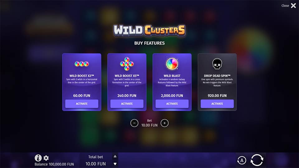The feature buy menu in Wild Clusters, offering four options including Wild Boost, Wild Blast and Drop Dead Spin.