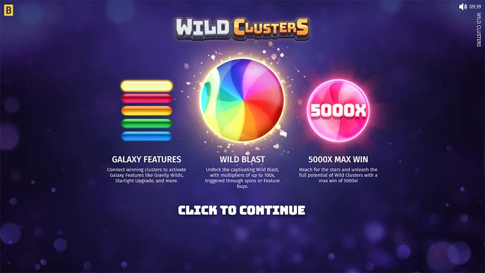 The Wild Clusters homepage showcasing the Galaxy Features, Wild Blast multipliers and the 5000x max win potential.