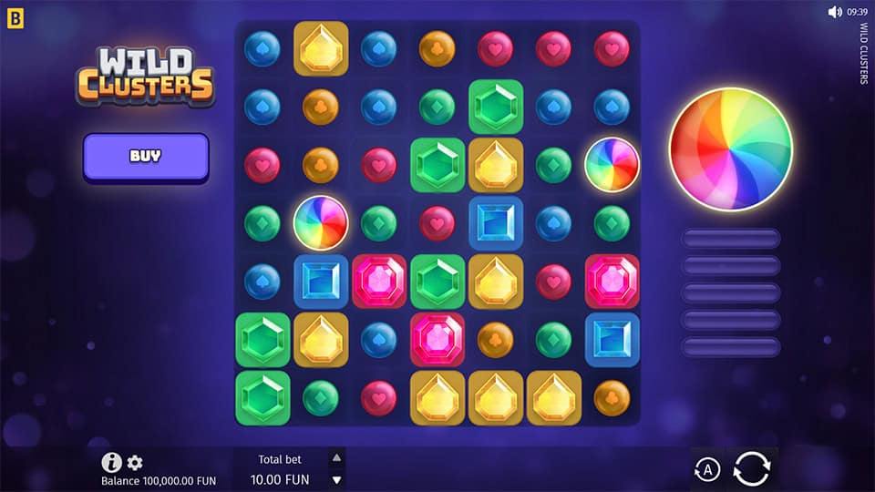 A gameplay view of Wild Clusters, showing colorful symbols, multipliers and Wild clusters on the grid.