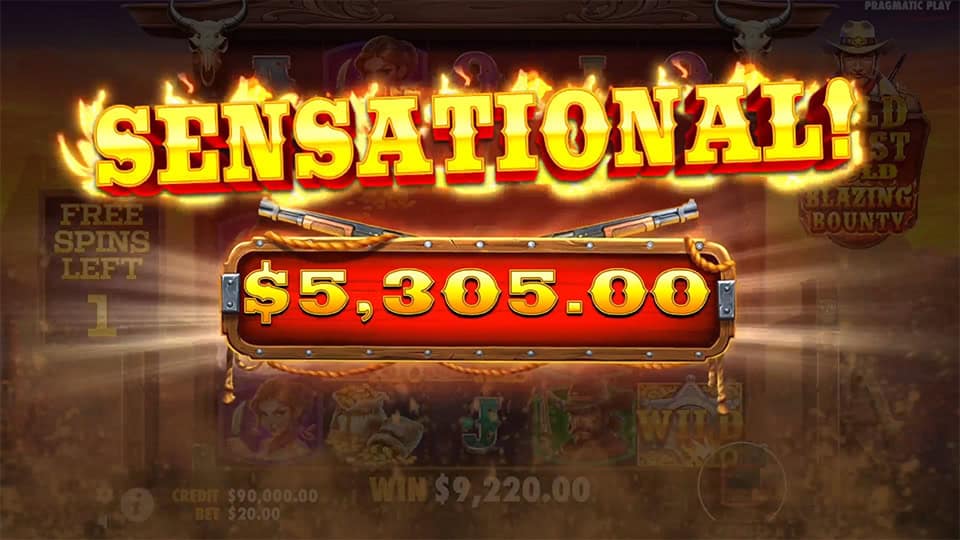 Win screen displaying “SENSATIONAL!” with a $5,305 reward in blazing style.