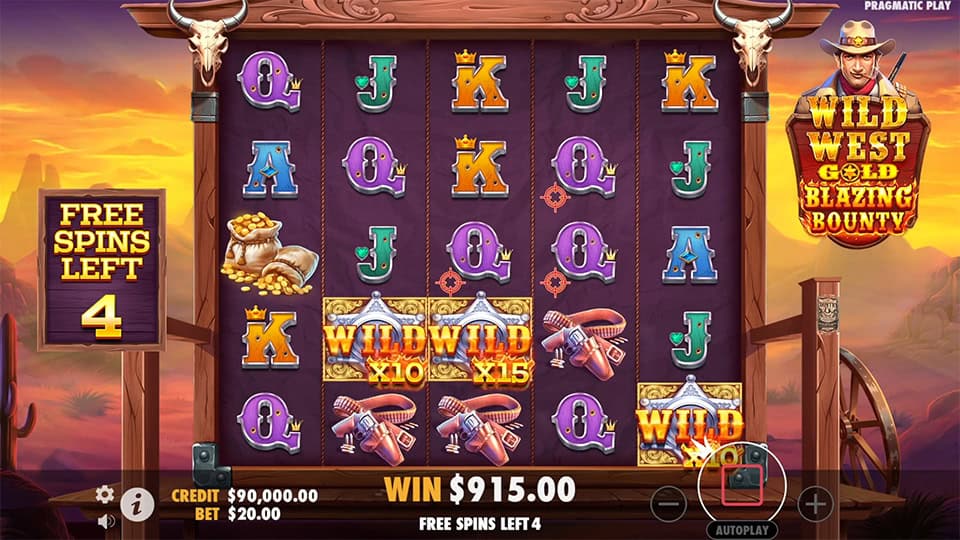 Game screen with sticky wild symbols showing 10x and 15x multipliers during free spins.