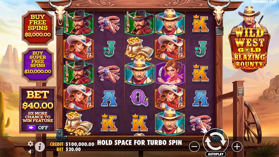 Base game screen with cowboy, cowgirl, gun and gold symbols on the reels.